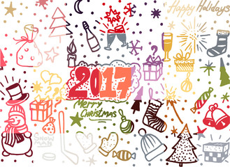 Christmas hand drawn cute doodles, stickers, illustrations and elements