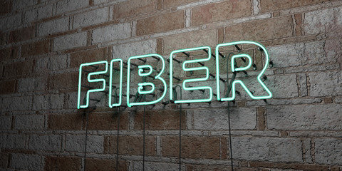 FIBER - Glowing Neon Sign on stonework wall - 3D rendered royalty free stock illustration.  Can be used for online banner ads and direct mailers..