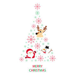 Christmas tree shaped from snowflakes, santa claus, reindeer and snowman on white background with text graphics Merry Christmas greeting card