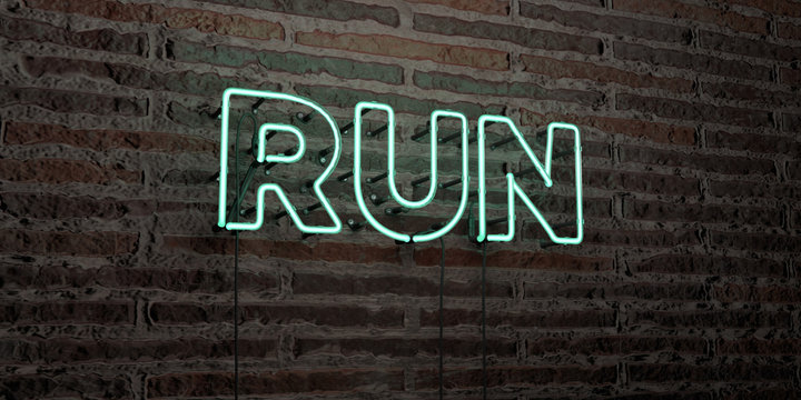 RUN -Realistic Neon Sign on Brick Wall background - 3D rendered royalty free stock image. Can be used for online banner ads and direct mailers..