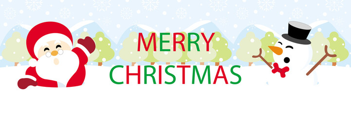 Santa claus and snowman on snow with snowy hills and text graphics Merry Christmas - 130927233