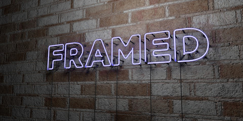 FRAMED - Glowing Neon Sign on stonework wall - 3D rendered royalty free stock illustration.  Can be used for online banner ads and direct mailers..