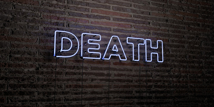 DEATH -Realistic Neon Sign on Brick Wall background - 3D rendered royalty free stock image. Can be used for online banner ads and direct mailers..