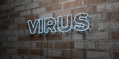 VIRUS - Glowing Neon Sign on stonework wall - 3D rendered royalty free stock illustration.  Can be used for online banner ads and direct mailers..