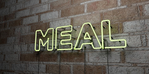 MEAL - Glowing Neon Sign on stonework wall - 3D rendered royalty free stock illustration.  Can be used for online banner ads and direct mailers..