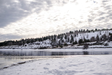 Winter time in forest lake. Evergreen wood and shore in snow