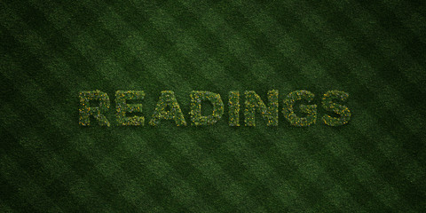 READINGS - fresh Grass letters with flowers and dandelions - 3D rendered royalty free stock image. Can be used for online banner ads and direct mailers..