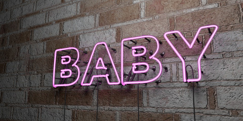 BABY - Glowing Neon Sign on stonework wall - 3D rendered royalty free stock illustration.  Can be used for online banner ads and direct mailers..