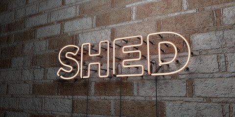 SHED - Glowing Neon Sign on stonework wall - 3D rendered royalty free stock illustration.  Can be used for online banner ads and direct mailers..