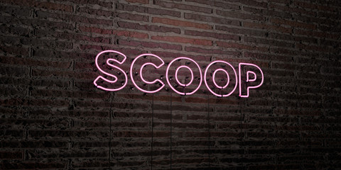 SCOOP -Realistic Neon Sign on Brick Wall background - 3D rendered royalty free stock image. Can be used for online banner ads and direct mailers..