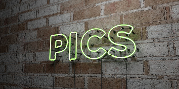 PICS - Glowing Neon Sign on stonework wall - 3D rendered royalty free stock illustration.  Can be used for online banner ads and direct mailers..