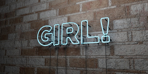 GIRL! - Glowing Neon Sign on stonework wall - 3D rendered royalty free stock illustration.  Can be used for online banner ads and direct mailers..