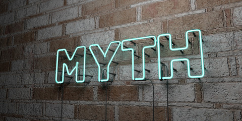 MYTH - Glowing Neon Sign on stonework wall - 3D rendered royalty free stock illustration.  Can be used for online banner ads and direct mailers..