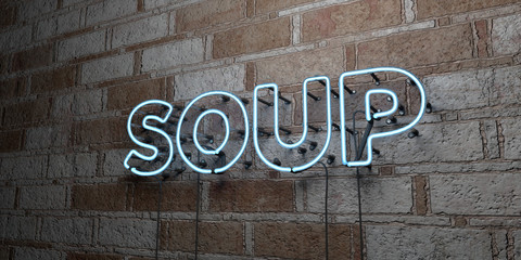 SOUP - Glowing Neon Sign on stonework wall - 3D rendered royalty free stock illustration.  Can be used for online banner ads and direct mailers..