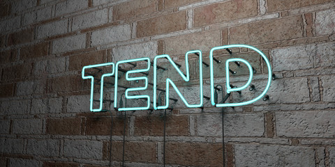 TEND - Glowing Neon Sign on stonework wall - 3D rendered royalty free stock illustration.  Can be used for online banner ads and direct mailers..