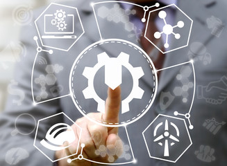 Service repair industry 4.0 business concept. Man touched cogwheel wrench icon on virtual screen on...