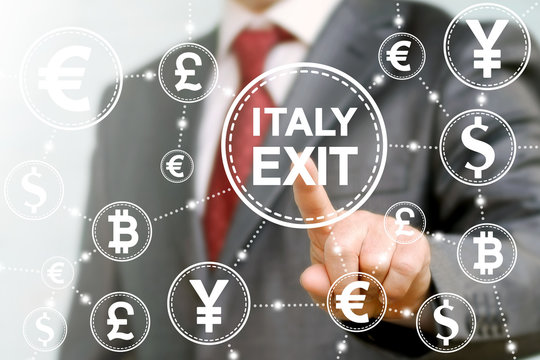 Political economics initiation exit Italy from European Union voting concept. Network currency icon. Man touched italy exit sign. Breakdown collapse of EU. European Union, referendum, output, vote.