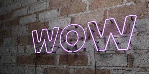 WOW - Glowing Neon Sign on stonework wall - 3D rendered royalty free stock illustration.  Can be used for online banner ads and direct mailers..