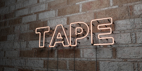 TAPE - Glowing Neon Sign on stonework wall - 3D rendered royalty free stock illustration.  Can be used for online banner ads and direct mailers..