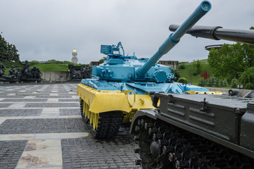 T-64 tank in the colors of the flag of Ukraine, Kiev 