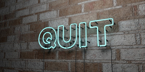 QUIT - Glowing Neon Sign on stonework wall - 3D rendered royalty free stock illustration.  Can be used for online banner ads and direct mailers..