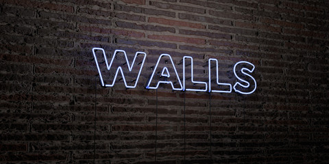 WALLS -Realistic Neon Sign on Brick Wall background - 3D rendered royalty free stock image. Can be used for online banner ads and direct mailers..