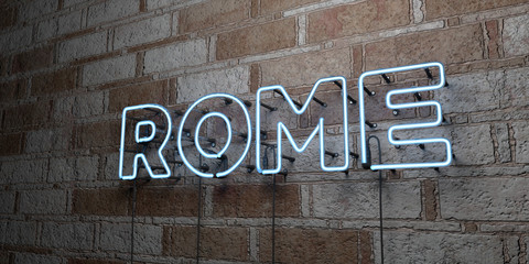 ROME - Glowing Neon Sign on stonework wall - 3D rendered royalty free stock illustration.  Can be used for online banner ads and direct mailers..