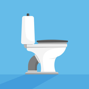 Toilet seat, bowl side view flat style design vector illustration on blue background with shadows. Restroom, lavatory, privy, closet, loo.
