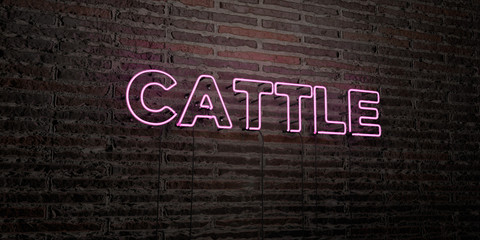 CATTLE -Realistic Neon Sign on Brick Wall background - 3D rendered royalty free stock image. Can be used for online banner ads and direct mailers..