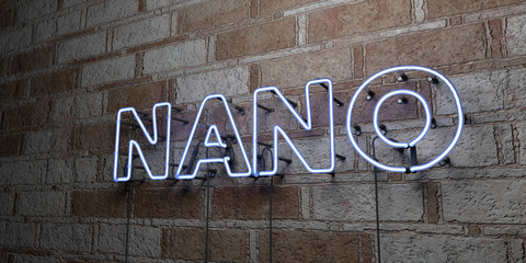NANO - Glowing Neon Sign on stonework wall - 3D rendered royalty free stock illustration.  Can be used for online banner ads and direct mailers..