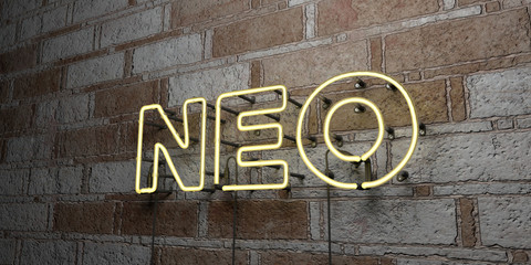 NEO - Glowing Neon Sign on stonework wall - 3D rendered royalty free stock illustration.  Can be used for online banner ads and direct mailers..