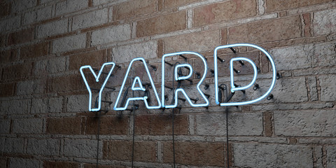 YARD - Glowing Neon Sign on stonework wall - 3D rendered royalty free stock illustration.  Can be used for online banner ads and direct mailers..