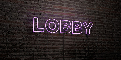 LOBBY -Realistic Neon Sign on Brick Wall background - 3D rendered royalty free stock image. Can be used for online banner ads and direct mailers..