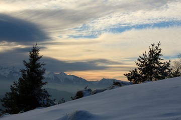Winter scenery with mountain in the background