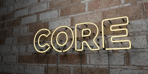 CORE - Glowing Neon Sign on stonework wall - 3D rendered royalty free stock illustration.  Can be used for online banner ads and direct mailers..