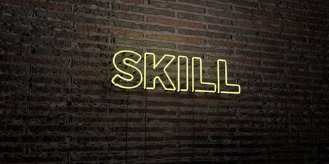 SKILL -Realistic Neon Sign on Brick Wall background - 3D rendered royalty free stock image. Can be used for online banner ads and direct mailers..