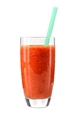 Glass of fresh delicious smoothie with straw on white background, closeup