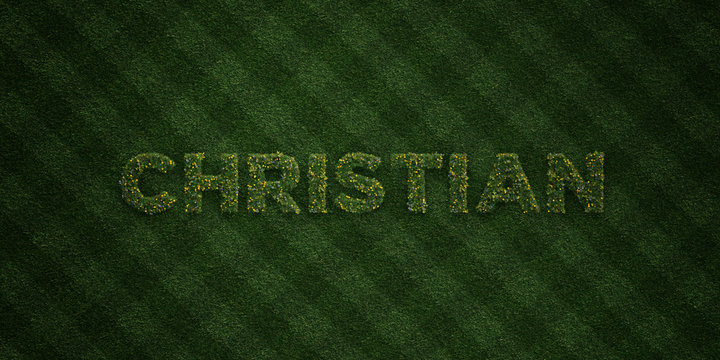 CHRISTIAN - fresh Grass letters with flowers and dandelions - 3D rendered royalty free stock image. Can be used for online banner ads and direct mailers..