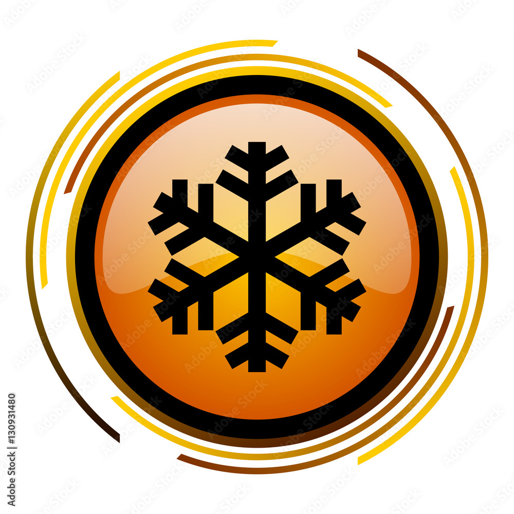 Aufkleber Winter snowflake sign vector icon. Modern design round orange button isolated on white square background for web and application designers in eps10. 
