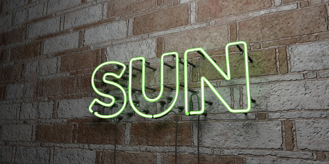 SUN - Glowing Neon Sign on stonework wall - 3D rendered royalty free stock illustration.  Can be used for online banner ads and direct mailers..