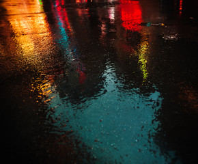 NYC streets after rain with reflections on wet asphalt