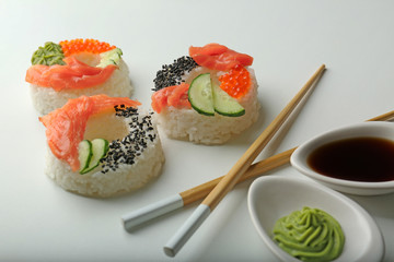 Sushi doughnuts on white background