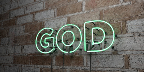 GOD - Glowing Neon Sign on stonework wall - 3D rendered royalty free stock illustration.  Can be used for online banner ads and direct mailers..