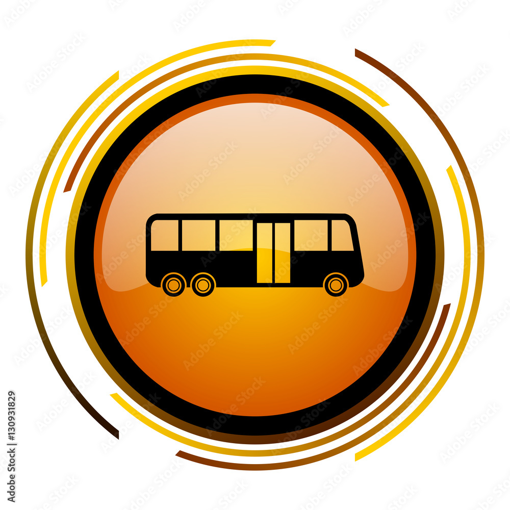 Poster Bus sign vector icon. Modern design round orange button isolated on white square background for web and application designers in eps10. 