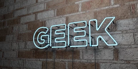 Fotobehang GEEK - Glowing Neon Sign on stonework wall - 3D rendered royalty free stock illustration.  Can be used for online banner ads and direct mailers.. © Chris Titze Imaging