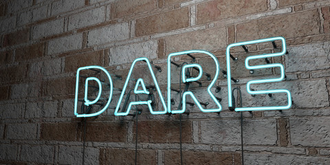 DARE - Glowing Neon Sign on stonework wall - 3D rendered royalty free stock illustration.  Can be used for online banner ads and direct mailers..