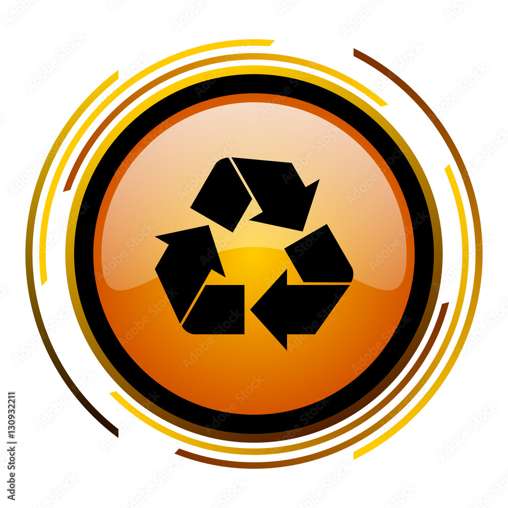 Aufkleber Recycling sign vector icon. Modern design round orange button isolated on white square background for web and application designers in eps10. 