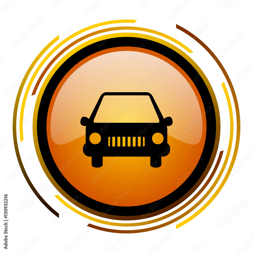 Poster Car sign vector icon. Modern design round orange button isolated on white square background for web and application designers in eps10. 