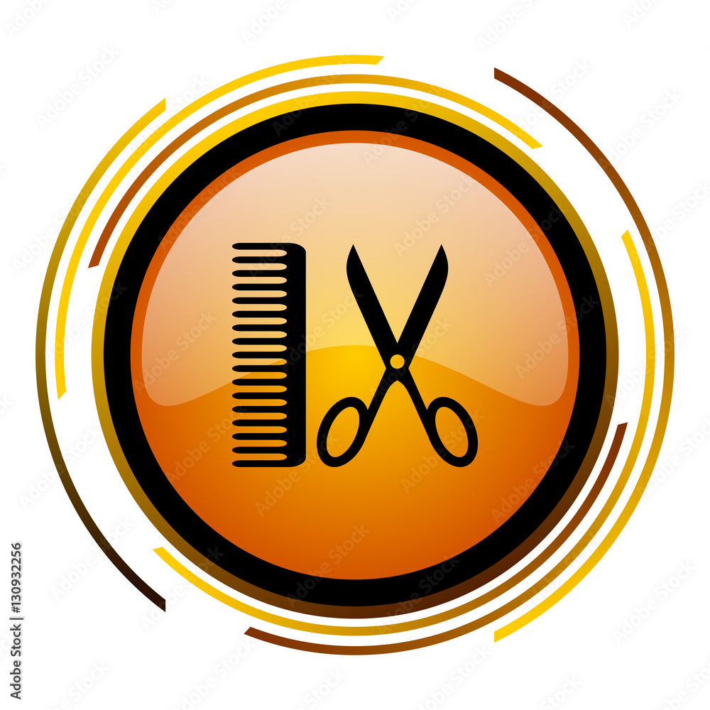 Aufkleber Barber sign vector icon. Modern design round orange button isolated on white square background for web and application designers in eps10. 