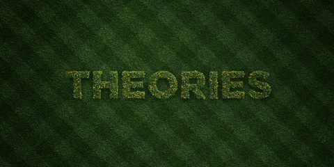 THEORIES - fresh Grass letters with flowers and dandelions - 3D rendered royalty free stock image. Can be used for online banner ads and direct mailers..